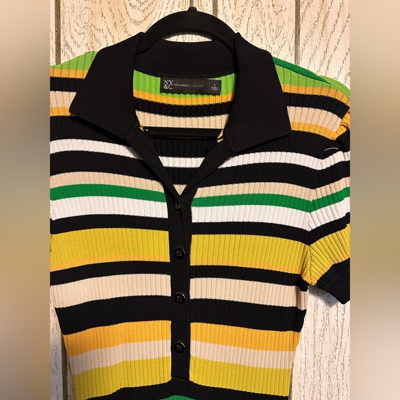 New York & Company Stripe Puff-Sleeve Polo Midi Sweater Dress Size Large - Picture 3 of 7